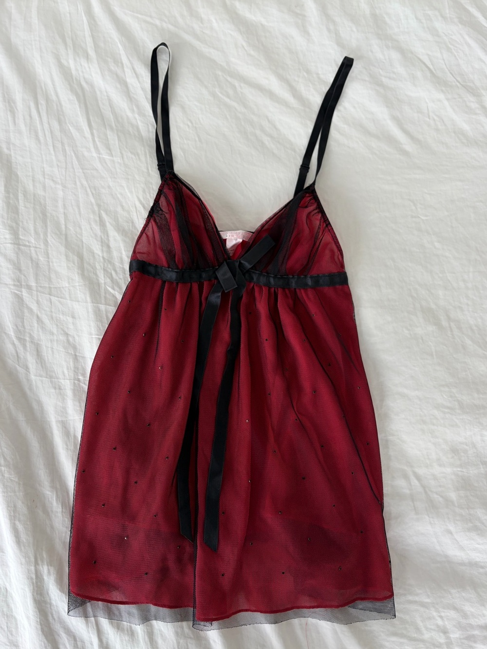 Sheer Lace-Trim victoria secret babydoll cami in Deep Red with Black Trim